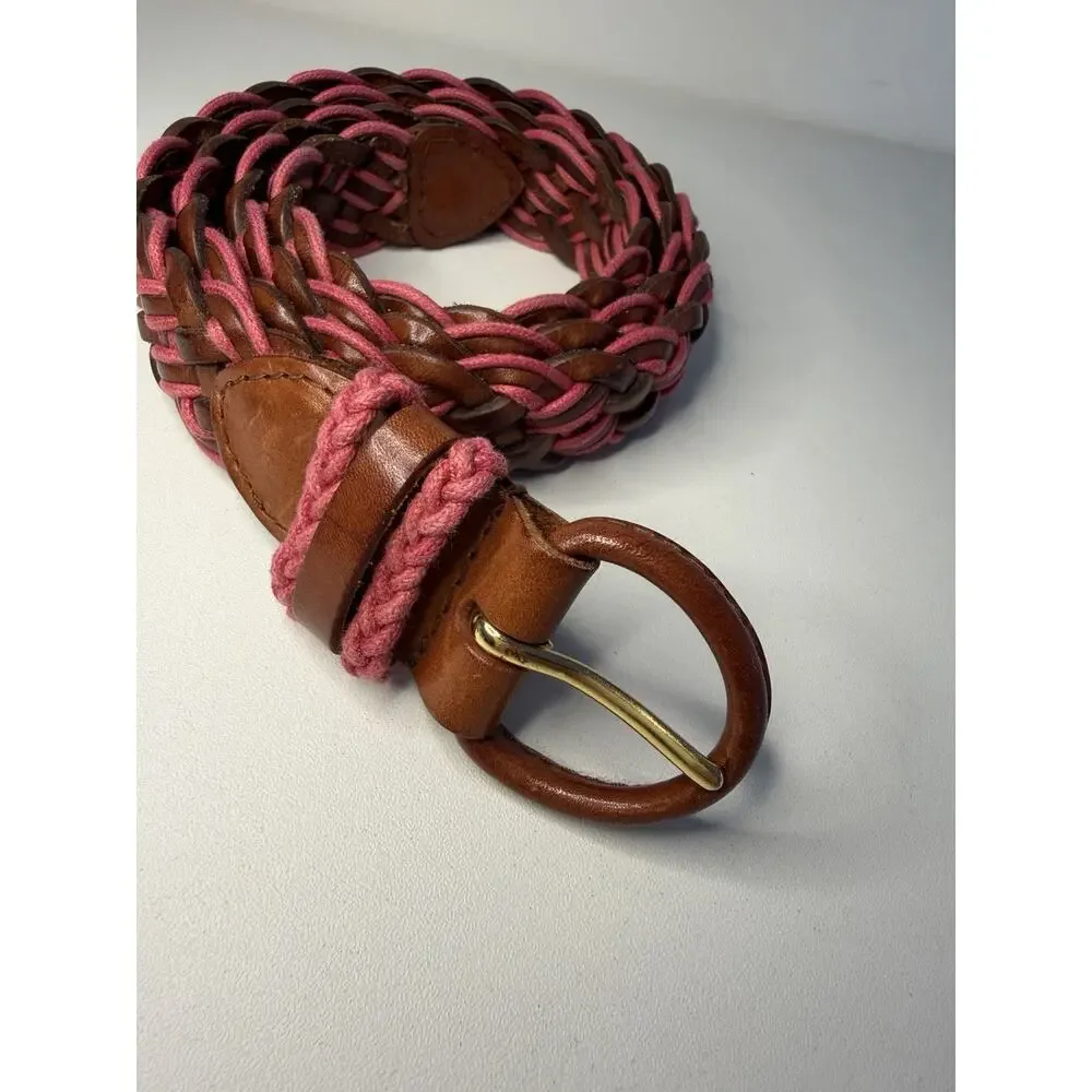 Braided Genuine Leather Belt Pink Brown Gold Buckle Woven Gaucho XL 42”